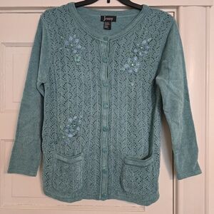 Teal Cardigan with Floral Details